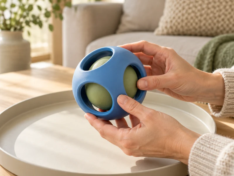 Adult hands inspect the rounded openings of a separate generic ball-within-ball toy.