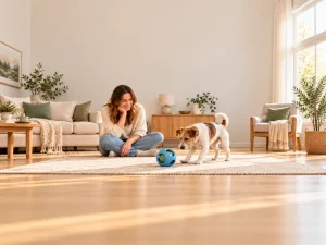 An adult supervises a terrier beside a generic ball in ball dog toy.