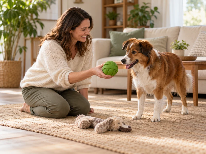A dog calmly looks toward its owner as a toy is exchanged.