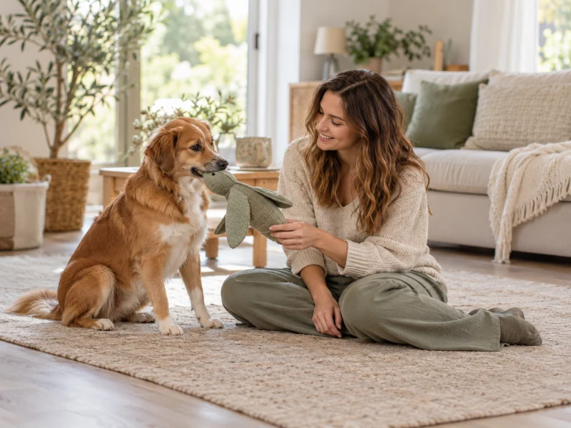 An adult offers a large plain fabric toy to a calm dog.