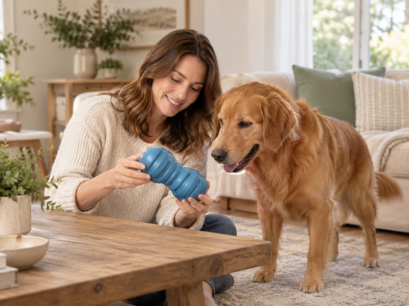 Adult hands inspect a plain flexible rubber toy.