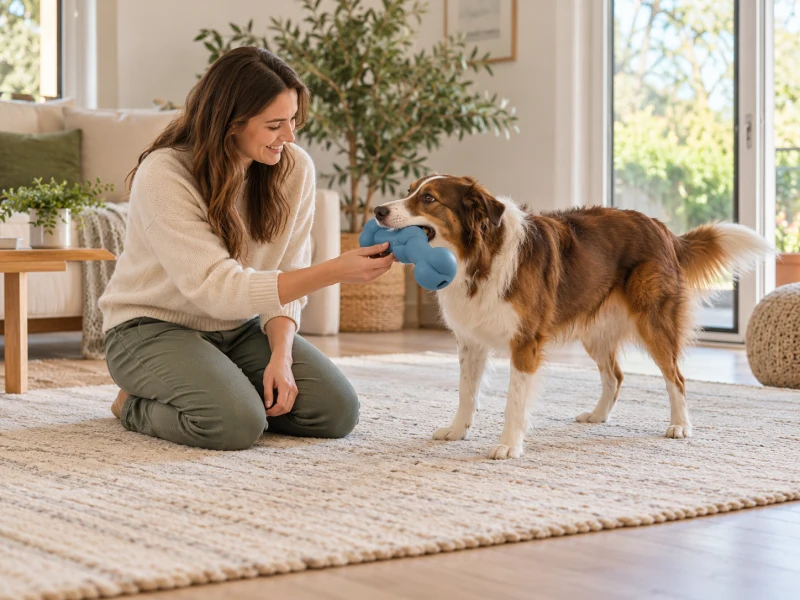 A supervised dog holds a large soft toy at floor level.