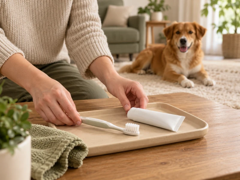 An adult prepares dog oral-care supplies away from the dog.