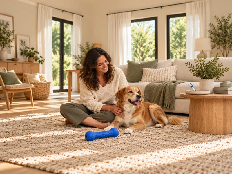 An adult sits beside a dog with separate play and care supplies.