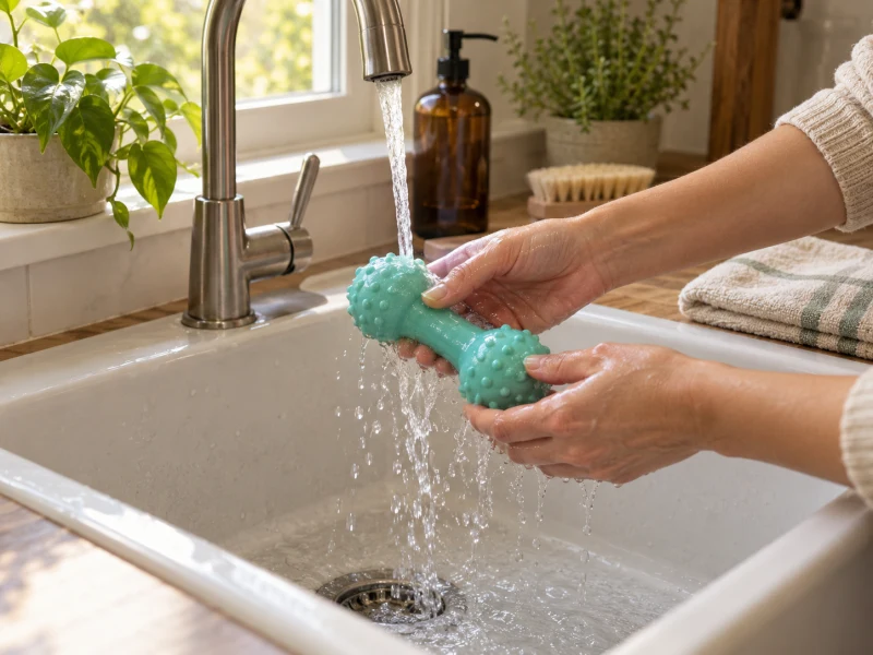 An adult rinses a detached plain toy before drying.