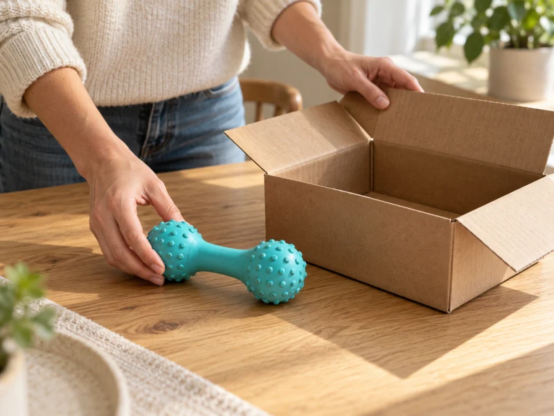 An adult places a clean used toy beside an empty mailing box.
