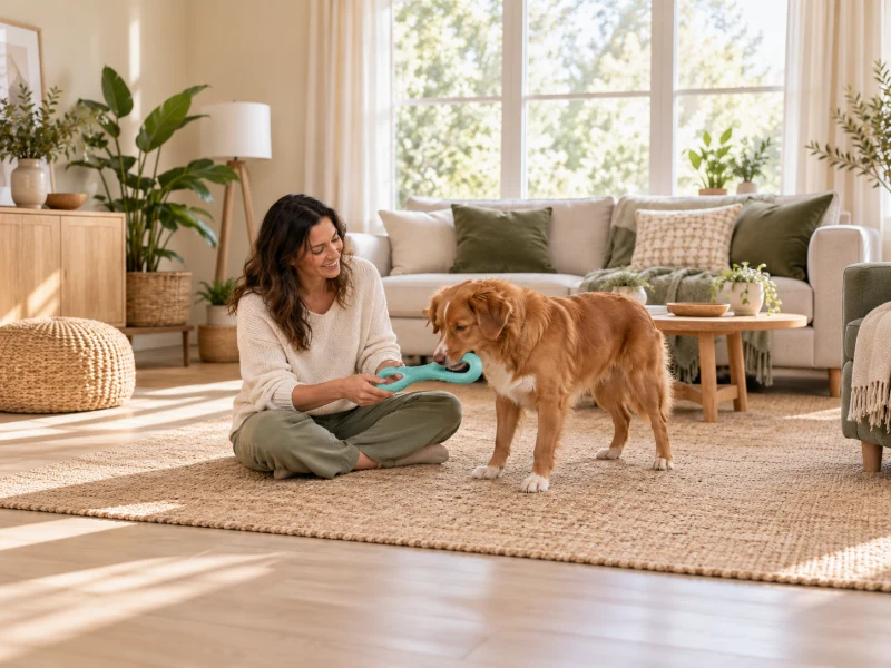 An adult inspects a plain toy beside a calm dog.
