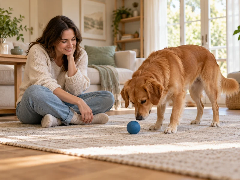 An adult supervises a dog beside a suitably large plain ball.
