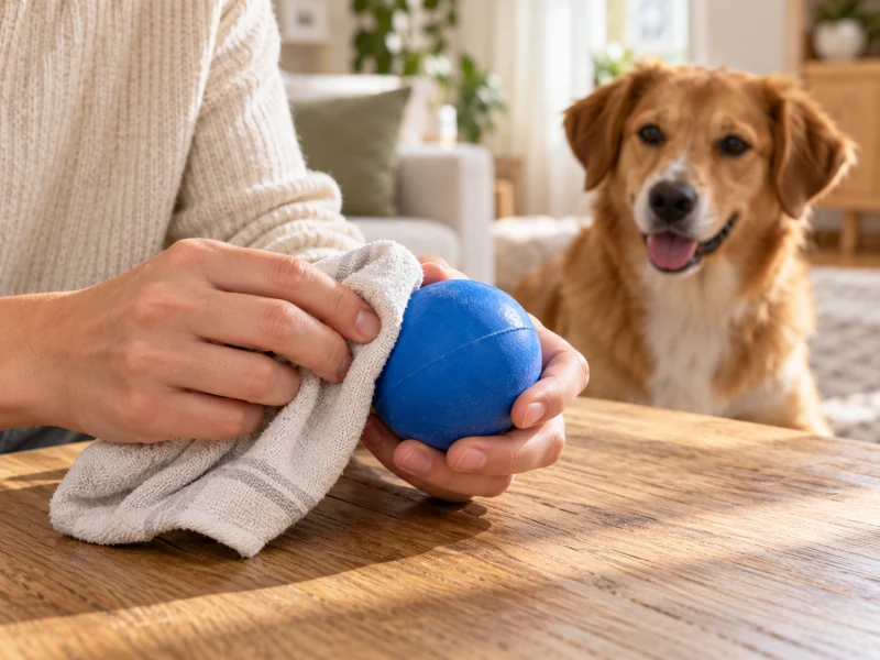 Adult hands clean and inspect a detached plain rubber toy.