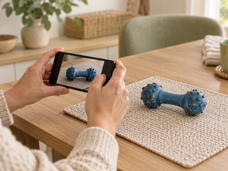 An adult photographs a worn generic toy away from the dog.