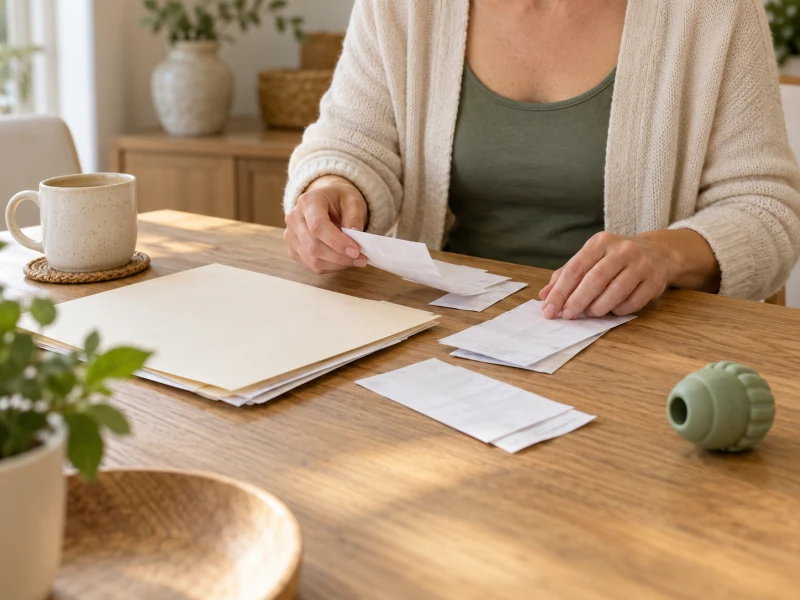 An adult organizes blank documents beside a plain toy.
