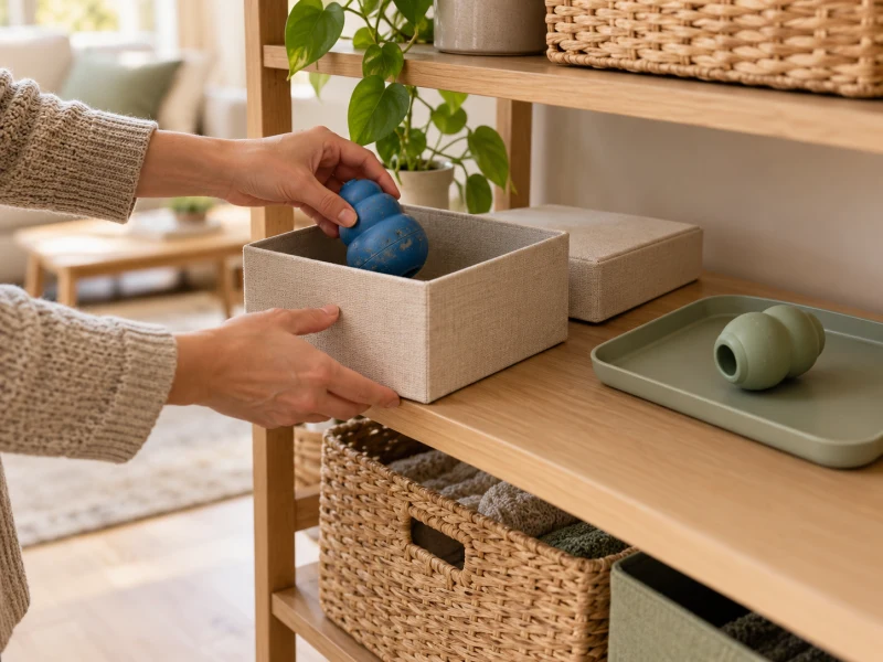 An adult separates a worn toy from an intact replacement.