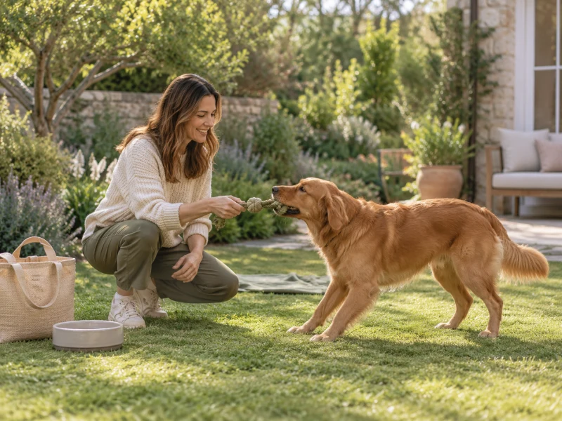An adult and a dog hold an intact rope toy during controlled garden play.