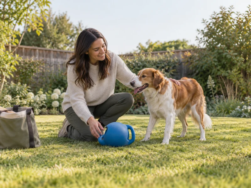 Adult and dog pause beside a clear garden play area.