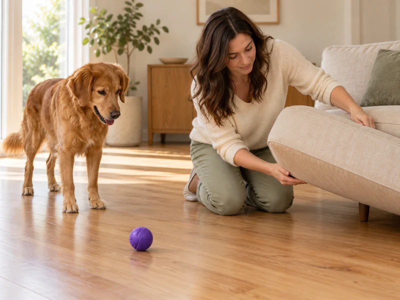 An adult lifts a cushion out of a hard-floor play area beside a plain purple ball.