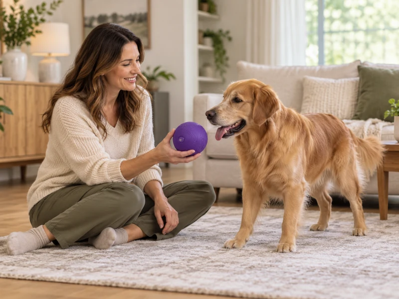 An adult holds a closed plain purple ball beside a calm dog.