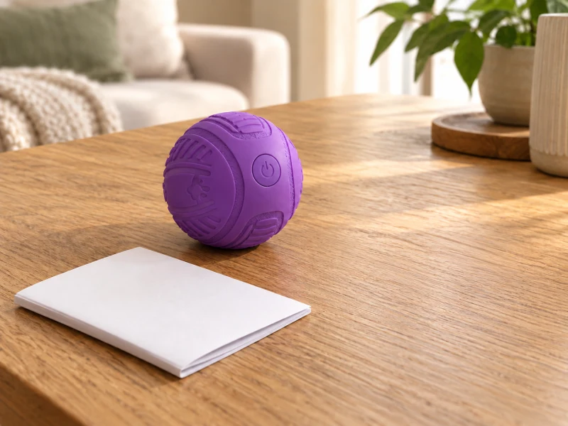 A closed plain purple toy and a blank booklet rest on a dry table.