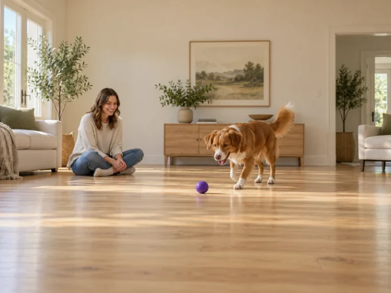 An adult supervises a dog approaching a plain purple ball on a hard floor.