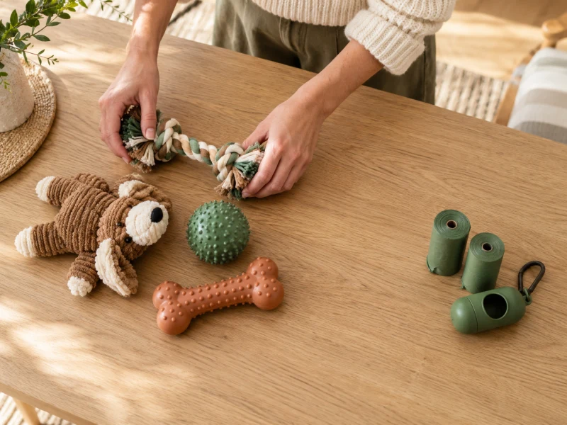 Dog toy variety pack sorting: adult hands separate play toys from waste-bag supplies.