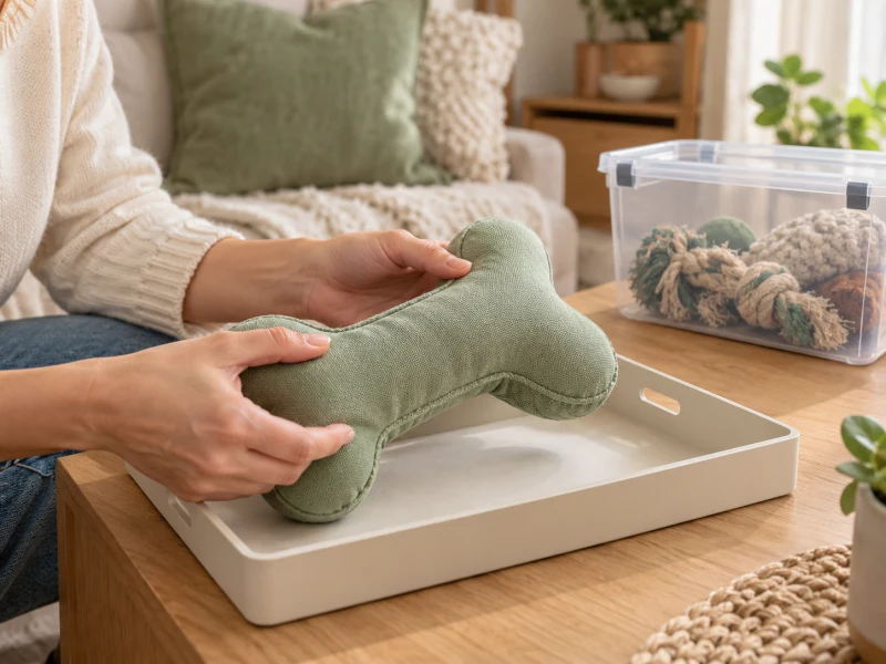 Adult hands inspect a fabric bone beside a closed box holding a frayed rope.