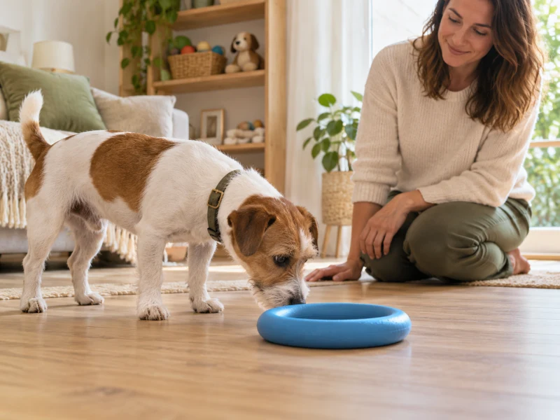 A small dog sniffs a large plain blue rubber ring while an adult watches nearby.