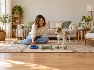 An adult selects dog toy variety pack items on a mat while a small terrier watches.