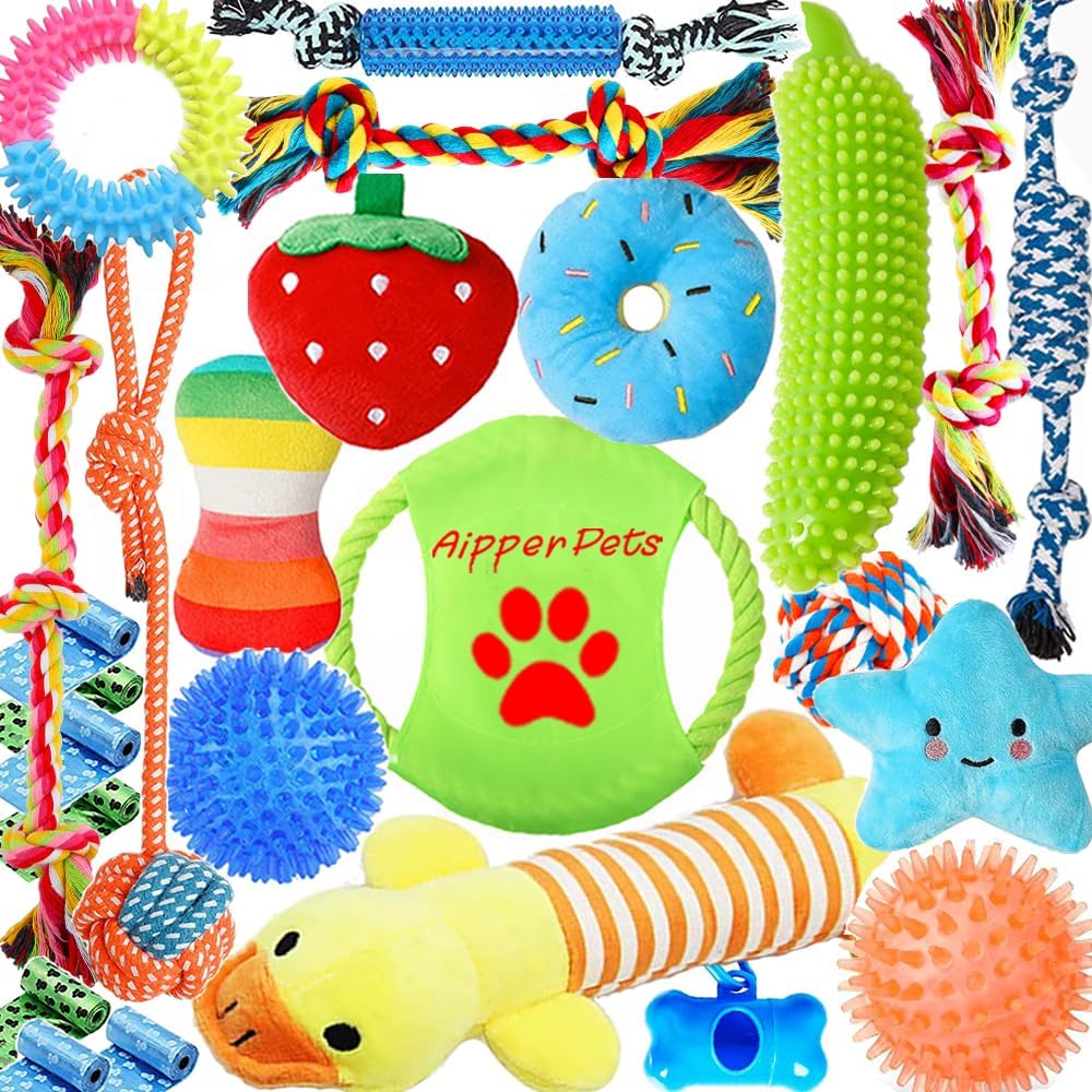 Original retailer photograph of the Aipper 25-pack dog toy and waste-bag assortment.