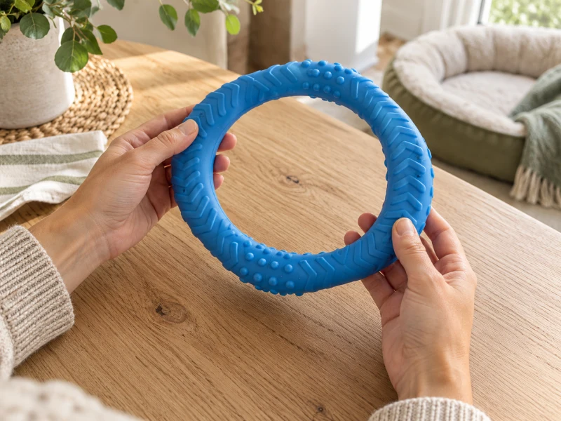 Checking dog training toys: adult hands inspect an intact plain blue rubber ring on a dry table.