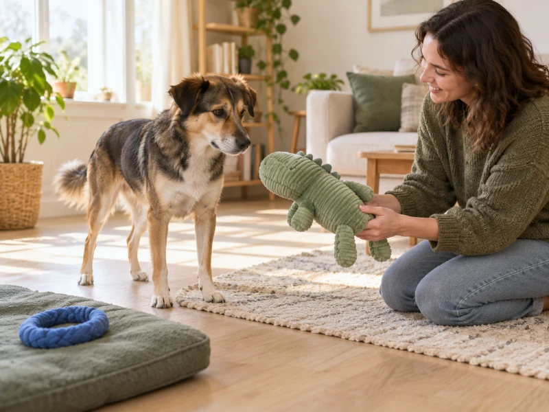 An adult offers a fabric toy to a calm dog while a rubber ring rests separately.