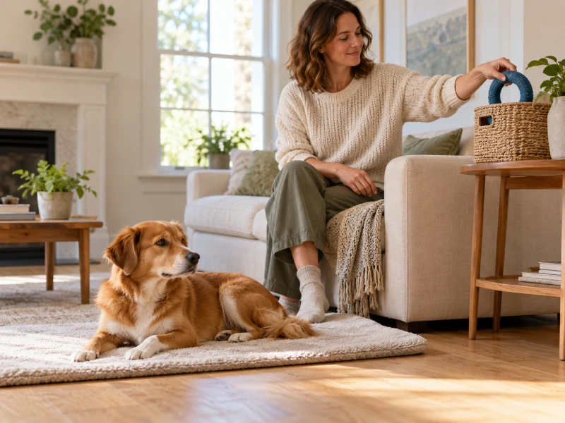 A dog rests on a mat while an adult puts a toy into a raised storage basket.
