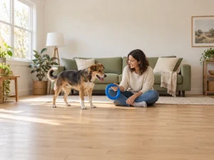 An adult sits on the floor holding a plain blue loop toy near a calm standing dog.