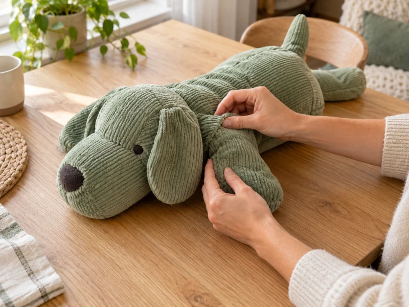 Shredding toys for dogs: adult hands inspect seams on a large intact fabric toy.