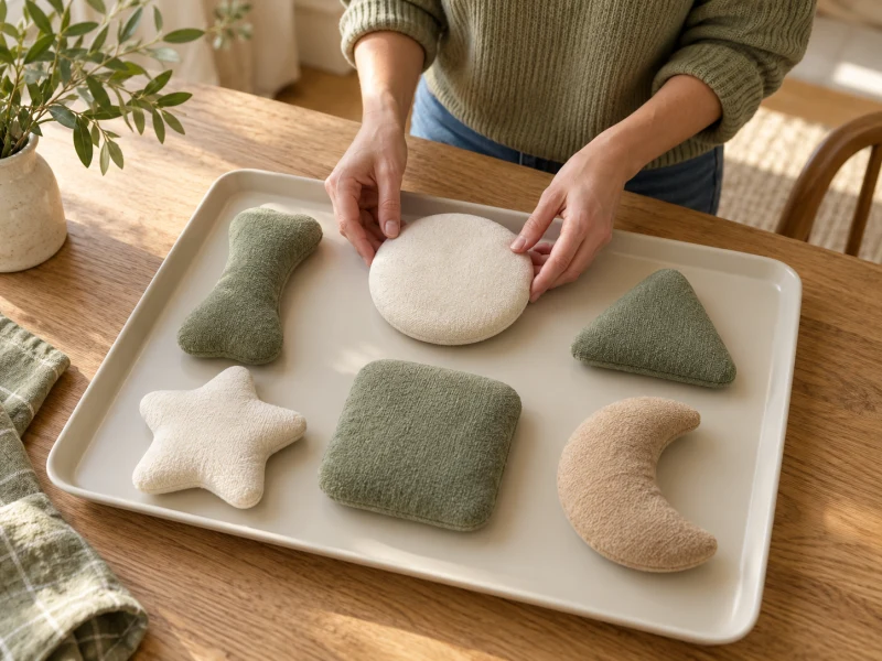 Adult hands arrange six large generic padded fabric shapes on a tray.
