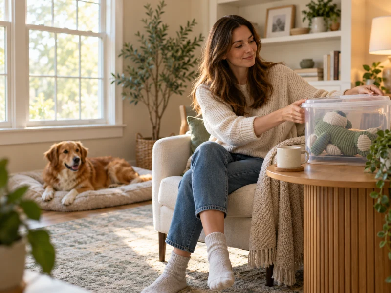 An adult closes a box of fabric toys on a raised table while a dog rests nearby.