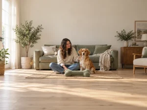 An adult sits beside a calm dog and a large intact fabric bone on a mat.
