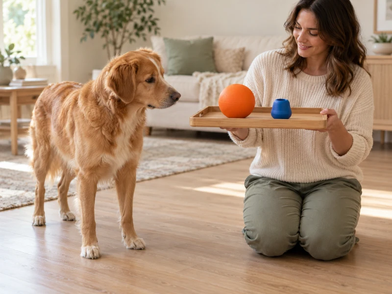 An adult holds a tray with a large orange ball and small blue cup near a calm dog.