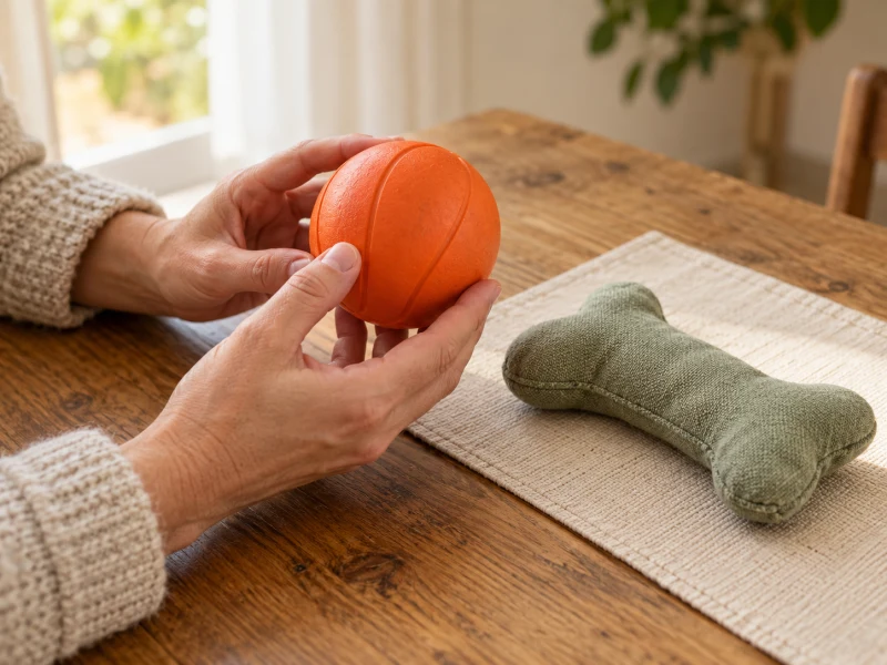 Adult hands inspect an orange ball beside a sage fabric bone on a dry table.
