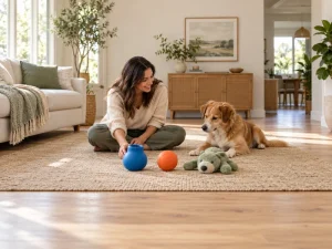 An adult and a calm dog sit near a generic blue cup toy, orange ball and sage fabric toy.