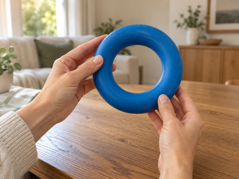 Generic KONG tire selection illustration: adult hands inspect an intact blue rubber ring.