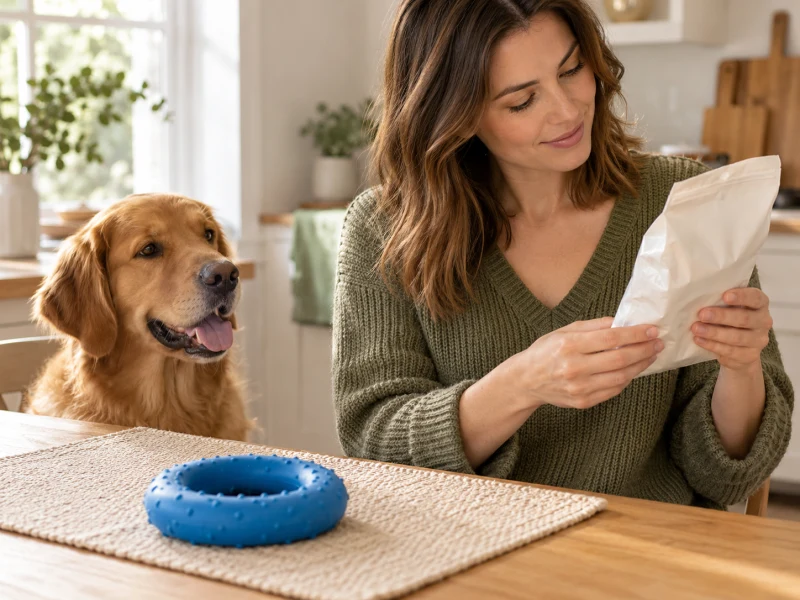An adult examines a plain food packet while a dog watches and a blue ring rests on the table.