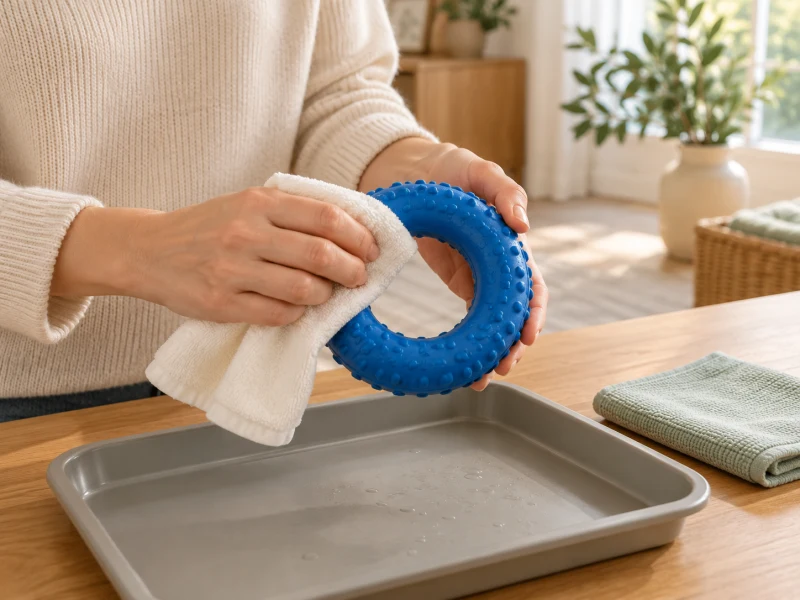 Adult hands wipe an intact generic blue ring with a cloth over a utility tray.