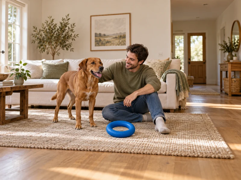 An adult sits near a calm brown dog and a large generic blue ring.