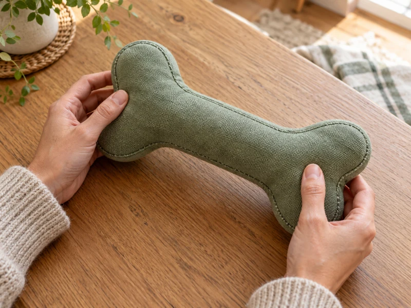 Generic KONG Cozie selection illustration: hands inspect seams on a plain fabric bone.