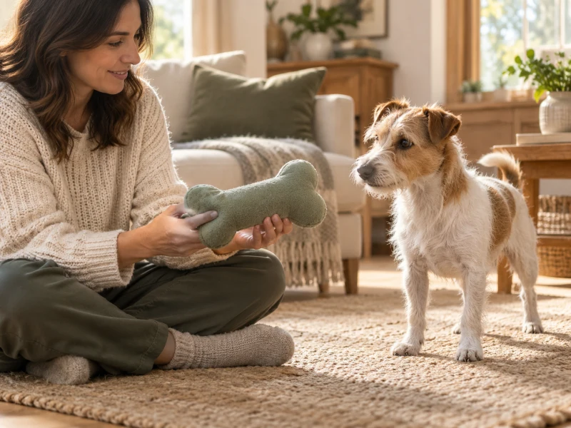 An adult holds a large plain fabric bone while a small terrier watches.