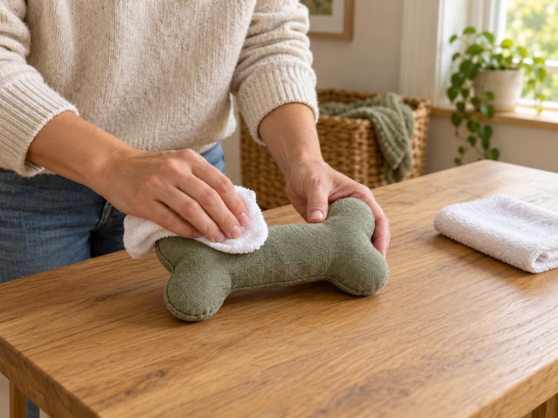 Adult hands spot wipe a plain fabric bone with a white cloth.
