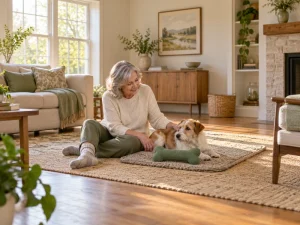 An older adult sits with a calm terrier beside a large generic fabric bone.