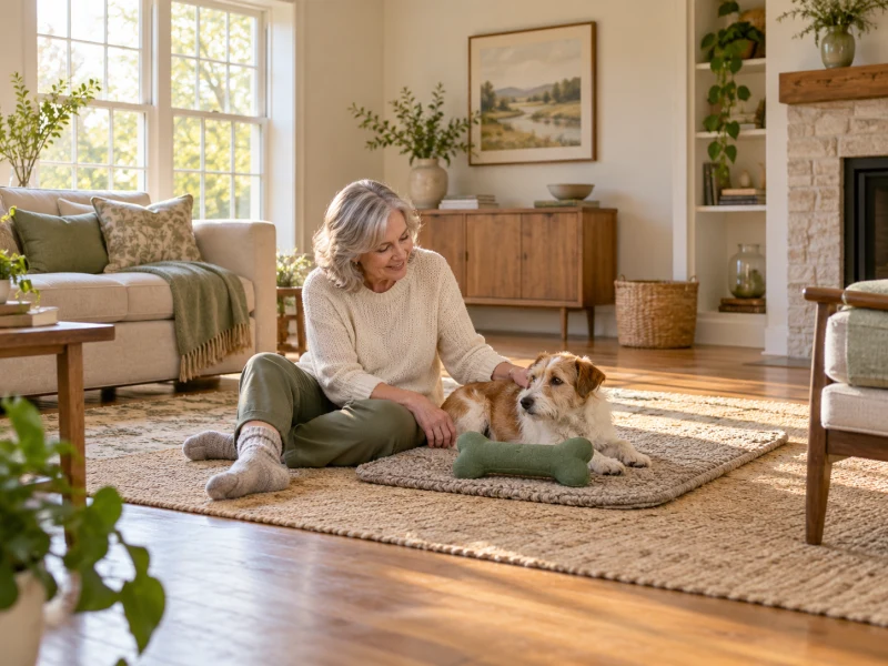 An older adult sits with a calm terrier beside a large generic fabric bone.