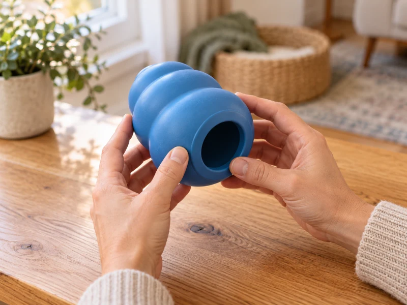 Generic KONG Stuff A Ball selection illustration: hands inspect an intact blue food-toy opening.