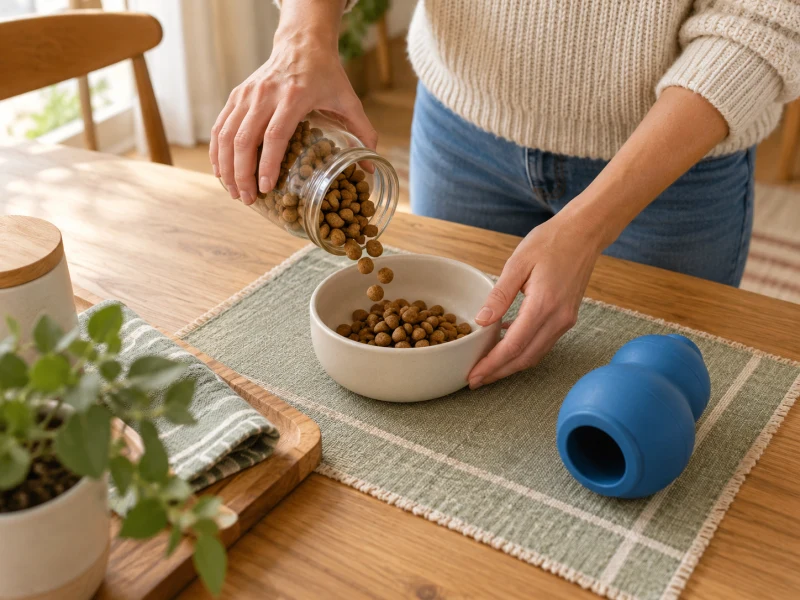 Adult hands pour dry dog food into a bowl beside a separate generic blue food toy.