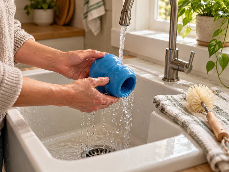 Adult hands rinse a generic blue rubber food toy while a bottle brush rests nearby.